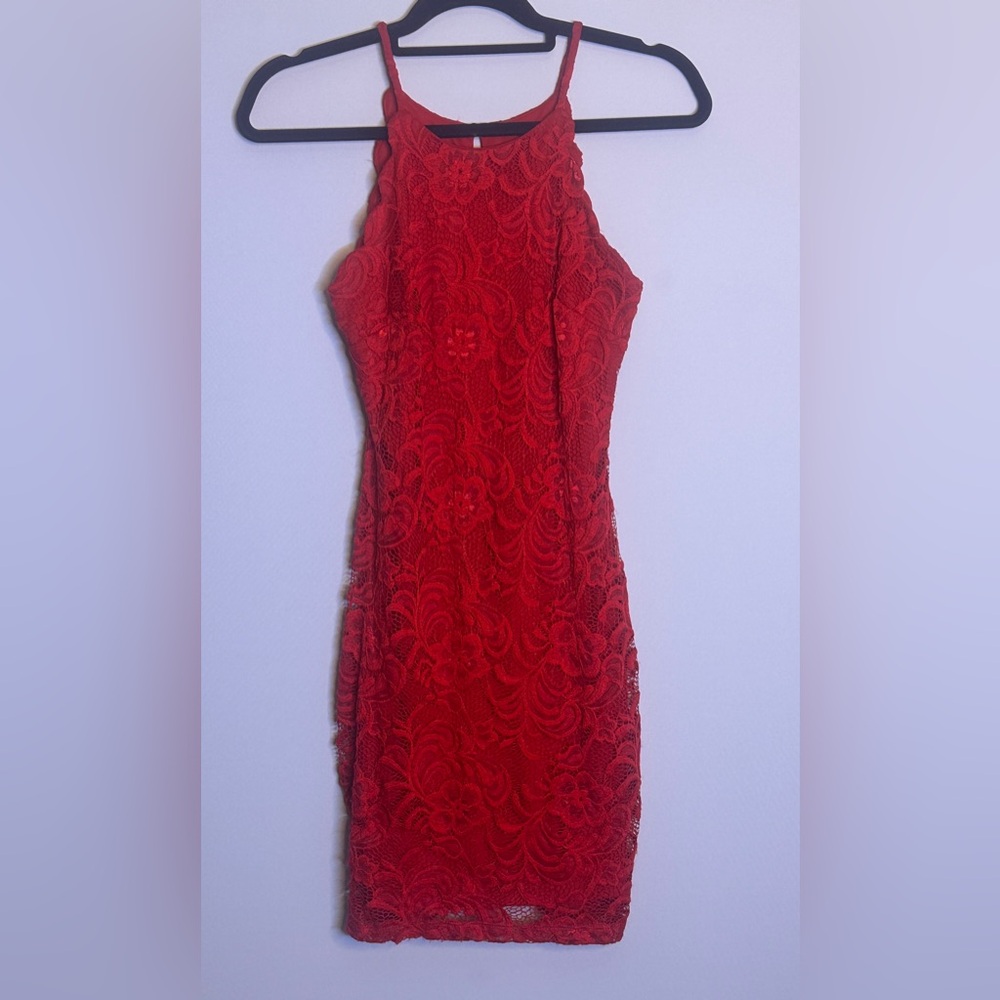 Red Lace Bodycon Midi Dress XS | Floral Lace Fitted Cocktail Evening Dress